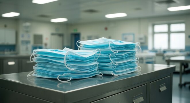 Stacks of light-blue face masks on a stainless steel table in a sterile, modern medical facility