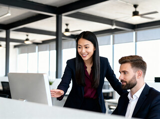 Business Professionals Collaborating on Computer in Modern Office