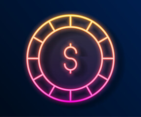 Glowing neon line Casino chip with dollar symbol icon isolated on black background. Casino gambling. Vector