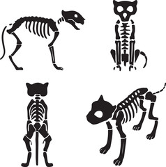 cat skeleton silhouette icons set side, front, back, and top views vector art illustration