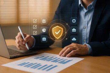 Businessman approving cybersecurity checklist with holographic shield icon
