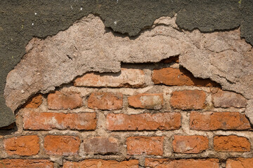 Brick wall pattern and texture background with peeling plaster. Copy space for text. For graphic design, 3D rendering and banners