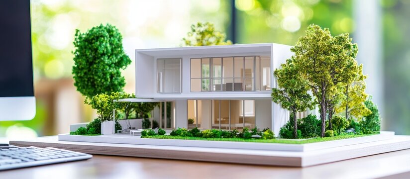 A detailed architectural model of a modern house with surrounding miniature trees, on a desk