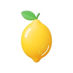 3D icon of a fresh yellow lemon with a green leaf, symbolizing health and vitamins, isolated on a white background