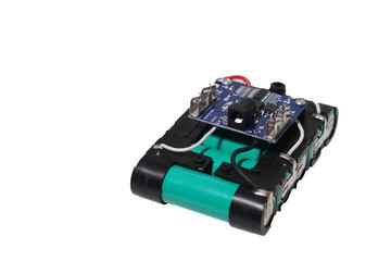 Technology: Lithium battery booster circuit on white background
