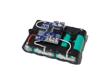 Technology: Lithium battery booster circuit on white background