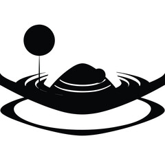 Abstract Black and White Silhouette Landscape with a Round Sun and Water