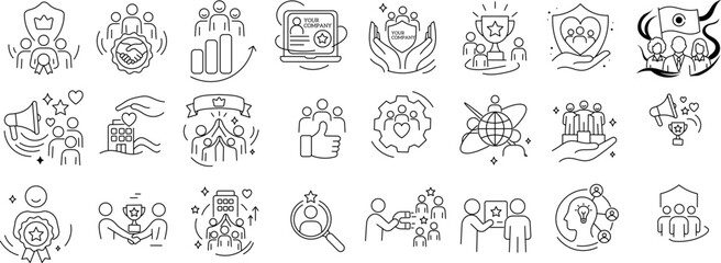 Teamwork and Leadership Stroke Icon Collections. Containing Collaboration, Growth, Success, People and more icons. Editable Stroke Outline Icon Set.