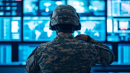 Medium shot of soldier in helmet adjusting Anti-Drone control console. Ultra sharp HDR clarity.