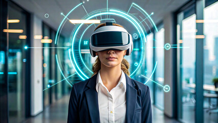 Professional woman exploring virtual reality with modern VR headset in sleek office, envisioning future tech and immersive experiences for business applications
