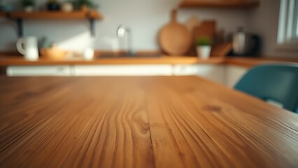 Wooden table surface close-up with natural grain texture, warm kitchen ambient light.