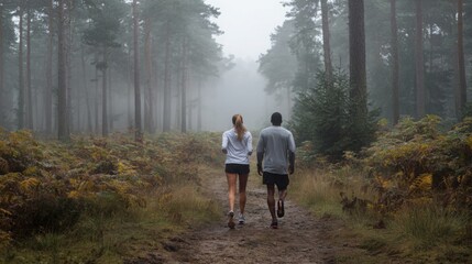 Fototapeta premium Couple Training Walk Through Foggy Pine Forest Trail