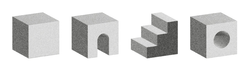 A series of four geometric shapes showcase a light gray tone with varied shading using a stipple technique, emphasizing volume and light interaction against a white background.