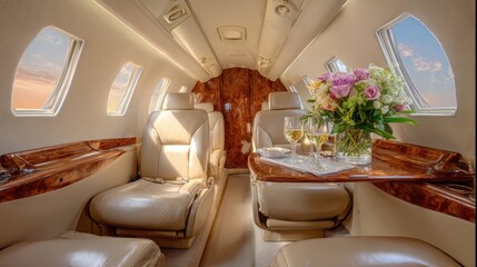 Soft light fills a luxurious private jet's cabin featuring comfortable leather seats. A beautifully arranged flower centerpiece sits on a table, while a view of the sunset enhances the atmosphere