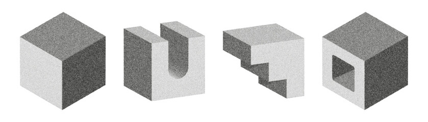 Exploring three-dimensional geometric shapes in a grainy stipple style with light gray tones on a white background