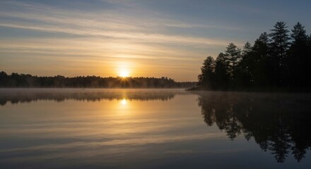 Fototapeta premium Sunrise over a still lake, mist rising
