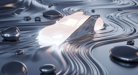 Futuristic Vehicle with Soft Glow Surrounded by Polished Stones and Calm Setting
