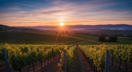 Fototapeta premium Sunrise over a vineyard landscape. Lush green rows of grapevines stretch towards a golden sunrise, setting off a misty mountain range beyond