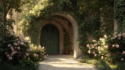 Obraz premium Garden entrance with roses and ivy, stone archway and green door, idyllic garden scene, floral archway view