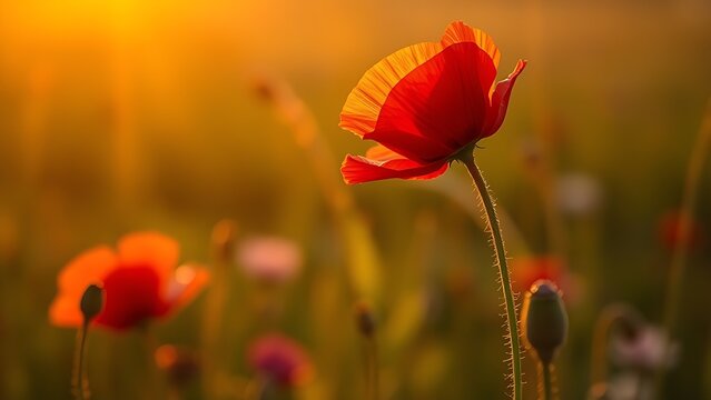 Close-up of a single red poppy in a sunset-lit field, glowing with warm golden backlight.