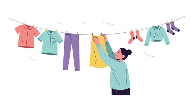 Illustration depicting a woman hanging freshly washed clothes on a clothesline to dry outdoor airing process simple life concept