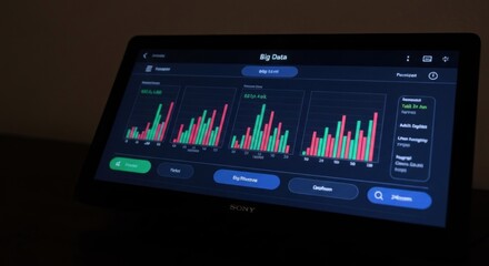 Tablet screen displaying multiple bar graphs. Dark background with glowing charts. Business data visualization