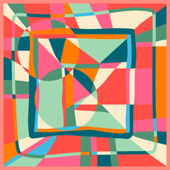 Trendy vibrant bold color abstract fashionable geometric style silk scarf, bandana, foulard, hijab blocks, curves, lines and dynamic shapes print graphic design. Vector illustration red, pink, orange