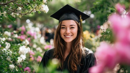 A joyful graduate wearing a black cap and gown stands surrounded by colorful flowers. She is smiling, celebrating her achievement at a sunny outdoor location with fellow graduates