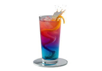 Vibrant multi-layered mocktail in tall elegant glass, teal to yellow gradient, artful swirl, frozen micro-splatters, candied orange peel, on clear acrylic coaster, transparent background. Concept for