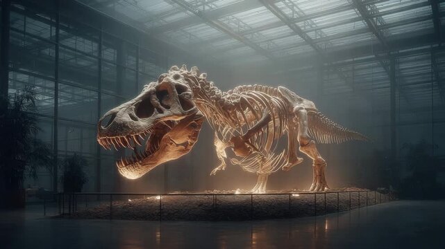 Golden T Rex Skeleton in a Modern Museum Setting
