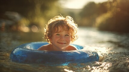 A cheerful child with curly hair enjoys floating in a bright blue inflatable ring on a calm river surrounded by nature. The golden sunlight enhances the joyful atmosphere
