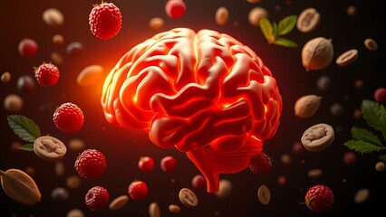 Vibrant glowing brain model surrounded by floating nutritious foods on a dark background.