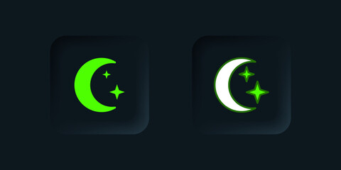 Green Moon and stars icon isolated on black background. Cloudy night sign. Sleep dreams symbol. Full moon. Night or bed time sign. Black square button. Vector