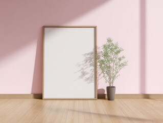 Wooden frame poster mockup on wooden floor. Minimal interior scene for artwork display.