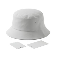 Fototapeta premium A new, clean, transparent smooth textile bucket hat with stitching and an unbranded white paper tag, isolated on a transparent background, perfect product presentation concept.