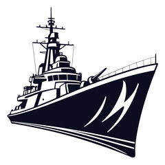 Modern warship silhouette with a prominent gun turret and radar mast against a white background