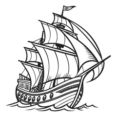 Stylized black and white illustration of a majestic sailing ship with full sails navigating through choppy ocean waves