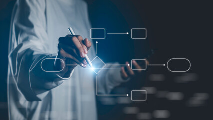 Businessman using digital pen to design process workflow diagram, symbolizing business workflow, process management, automation, efficiency, and strategic planning in modern organizations.