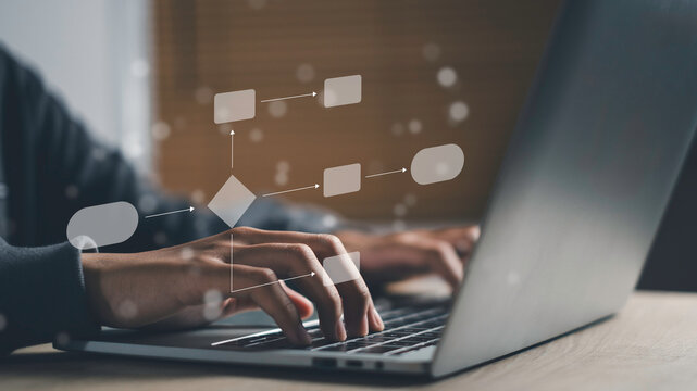 Close-up of hands typing on laptop with digital workflow diagram overlay, symbolizing process business workflow, automation, task management, and efficiency improvement in modern organizations.