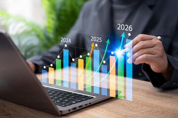 Business Growth 2026 Concept, Businessman Show Forecast Graph, Yearly Target Comparison, Strategic Corporate Development, Financial Plan, Market Trends, Investment Strategy,Continuous Business Success