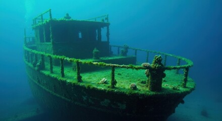 Underwater shipwreck, overgrown with marine flora.  A rusty ship submerged in turquoise water