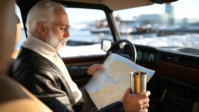 An adult son drives his old senior father in a car its seats leather and worn through a snowy city its asphalt slick. A paper map its edges creased lies on the dashboard and
