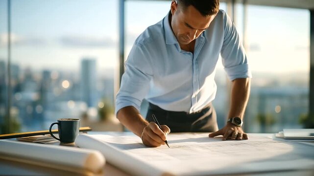 An architect reviews a blueprint for a skyscraper on a drafting table with rulers measuring pencils marking a city skyline visible through a window and a coffee mug steaming