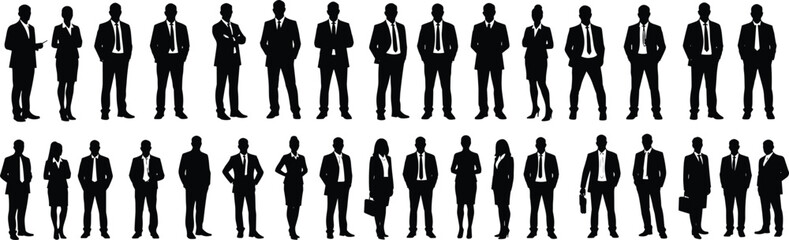 Silhouettes of business professionals, men and women in formal attire, standing and walking, teamwork, leadership, corporate success, isolated