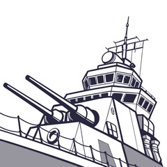 Close up view of a powerful warship with large cannons and a detailed bridge structure against a white background
