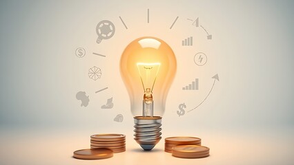 Illuminated lightbulb with financial elements, business innovation concept.