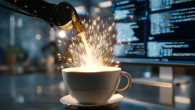 Engineers program a robotic welder in a factory with screens showing code sparks testing a robotic arm moving and a coffee mug cooling presented in a focused photo with screen