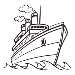 Stylized cartoon illustration of a classic steamship with smoke billowing from its funnels sailing on wavy water