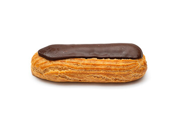 One eclair with chocolate on a white background