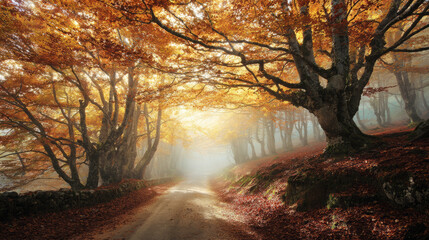 Obraz premium Curved Forest Road with Autumn Foliage and Sunbeams